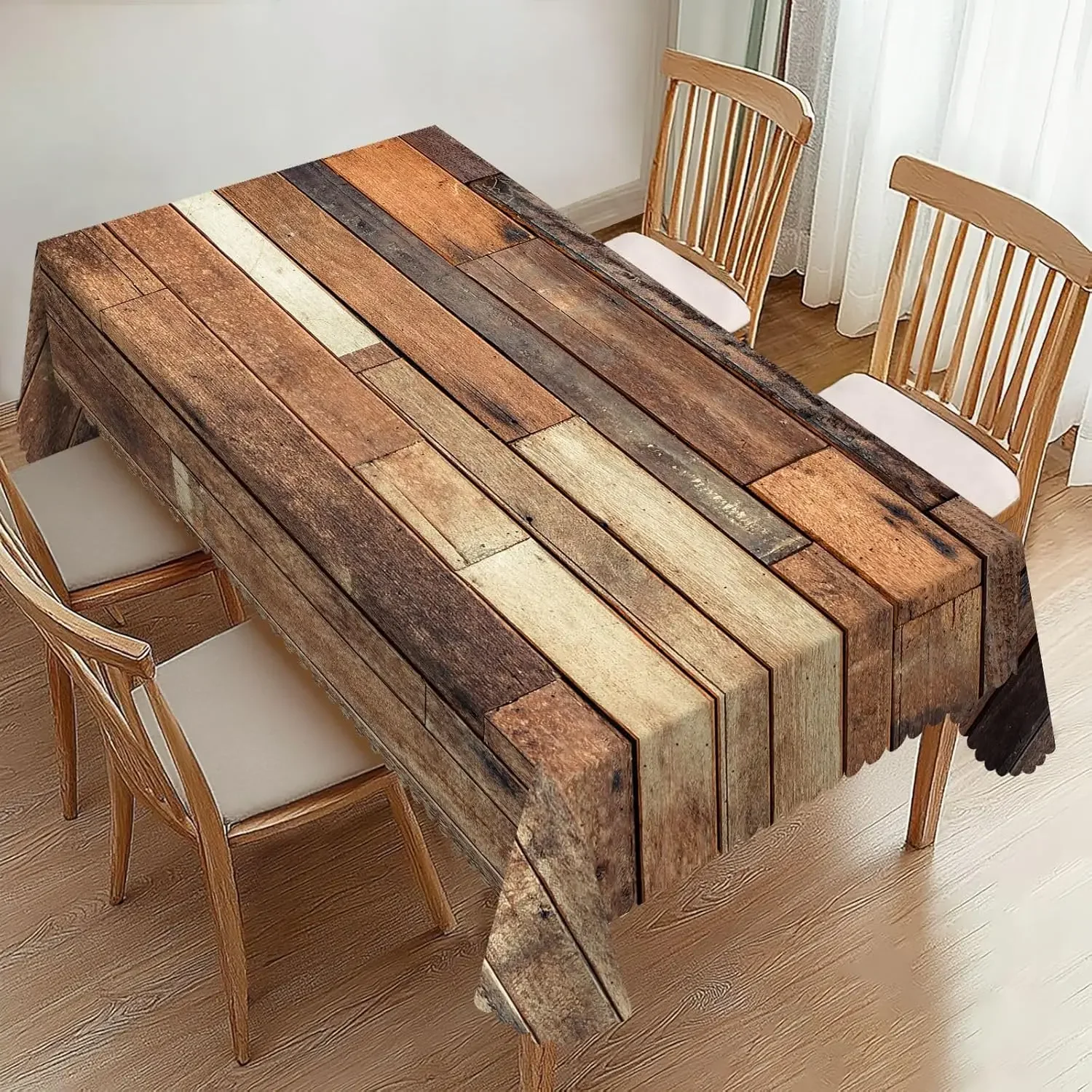 1Pc Rustic Wood Plank Pattern Tablecloth Brown Beige Printed Table Cover For Dining Room Kitchen Decorative Rectangul