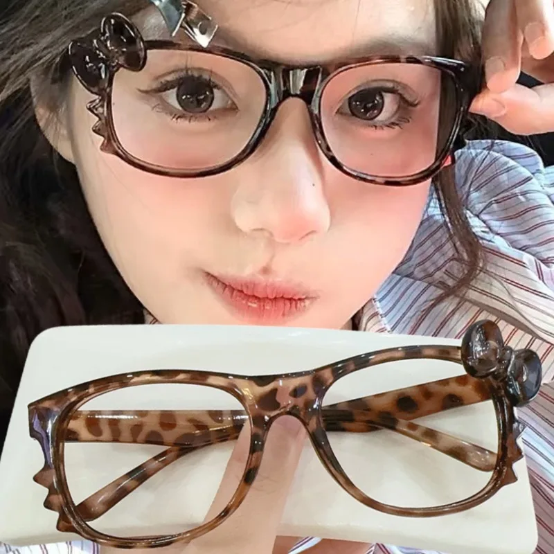 Kawaii Cat Y2K Eyeglass Frame Anime Retro Glasses Korean Leopard Print Eyeglass Frame Cute Photo Props Eyewear Decorative Gift