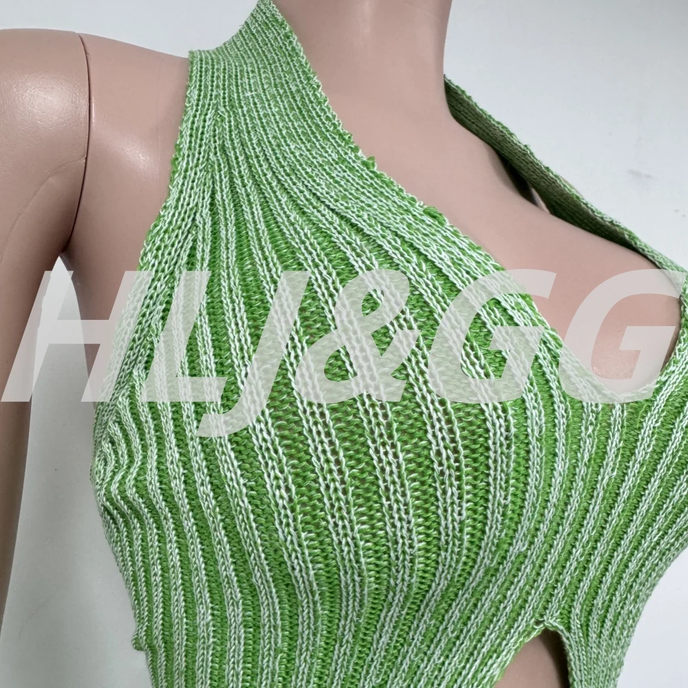 HLJ Fashion Stripe Print 2 Piece Sets Woman Outfit Halter Backless Slim Crop Top + Bodycon Shorts Female Streetwear Spring New