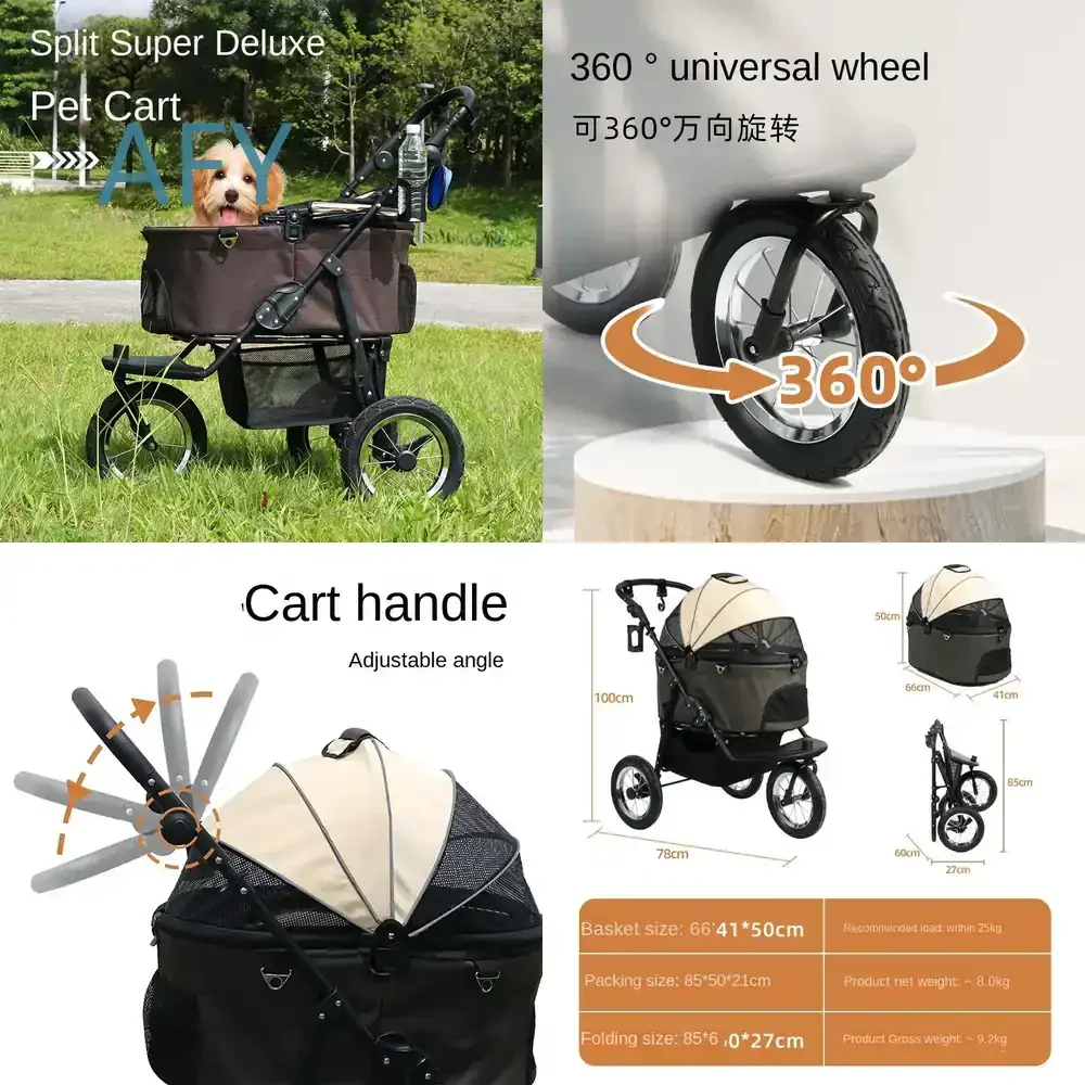 Detachable Pet Carrier and Stroller with Spacious Compartment for Dogs Cats Small Pets – Foldable Lightweight Travel Stroller