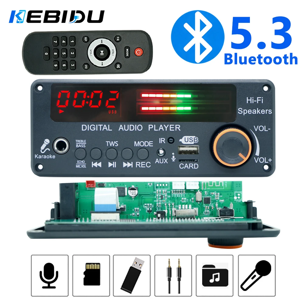KEBIDU Bluetooth 5.3 MP3-Decoder-Board Auto TWS Kabelloser MP3-Player DC 12V DIY Home Audio Modul mit Mikrofon USB TF FM-Radio für Lautsprecher