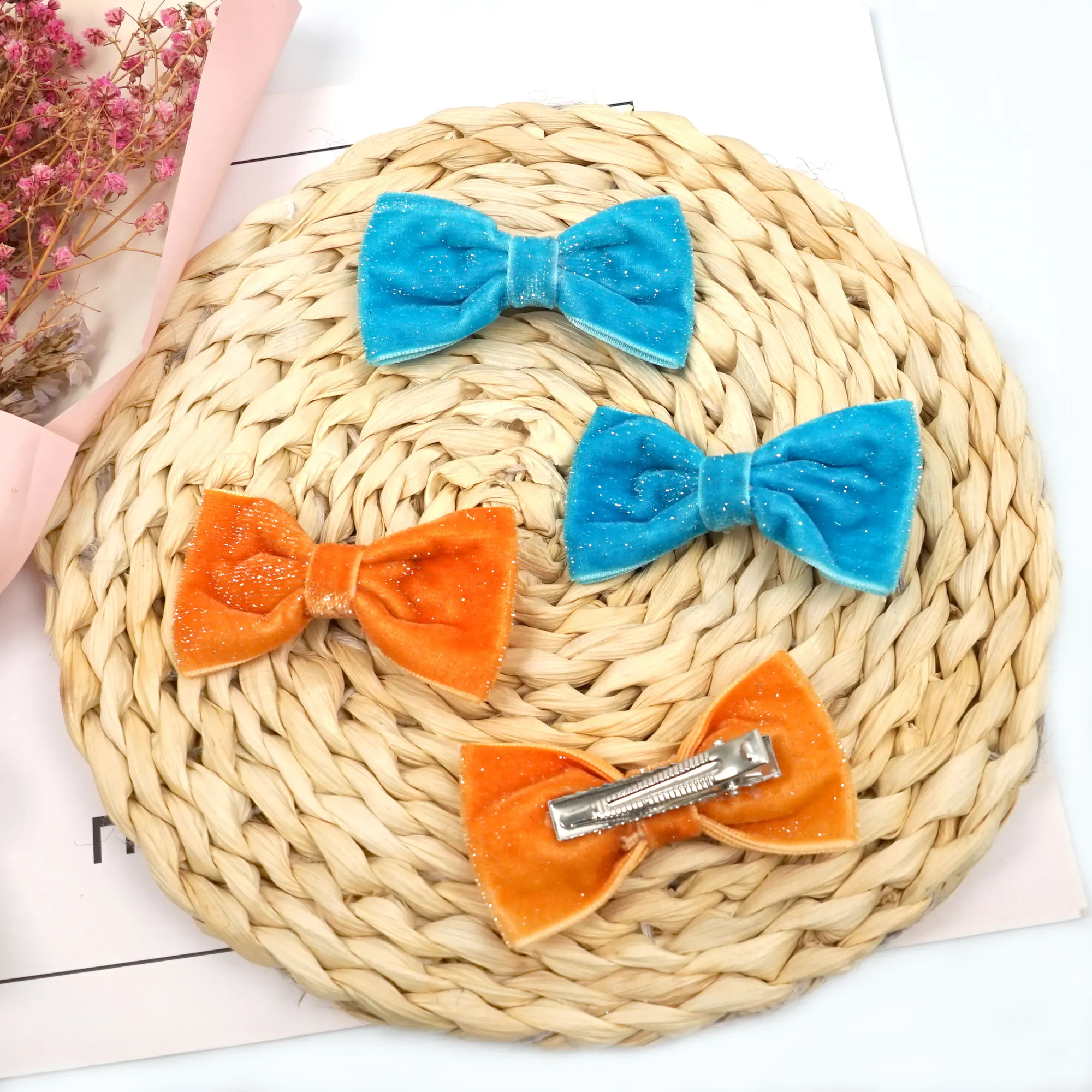 24Pcs  3\'\' Solid Velvet Hair Bows For Girls Hair Clips Baby Boutique Hairpin Handmade Barrettes Headwear Kids Hair Accessories