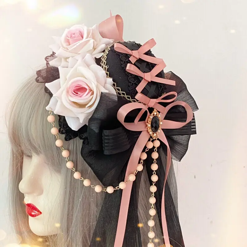

Lolita Headdress with Flowers Bow Gothic Dark Elegant Flat Small Hat Crystal Hairpin for Girls Women Hair Accessories