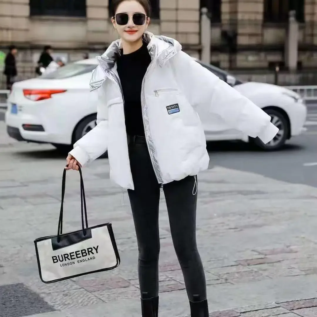 Fashion Women's Glossy Down Cotton Jacket 2025 Winter New Loose Hooded Casual Jackets Female Warm Cotton Thicken Coat