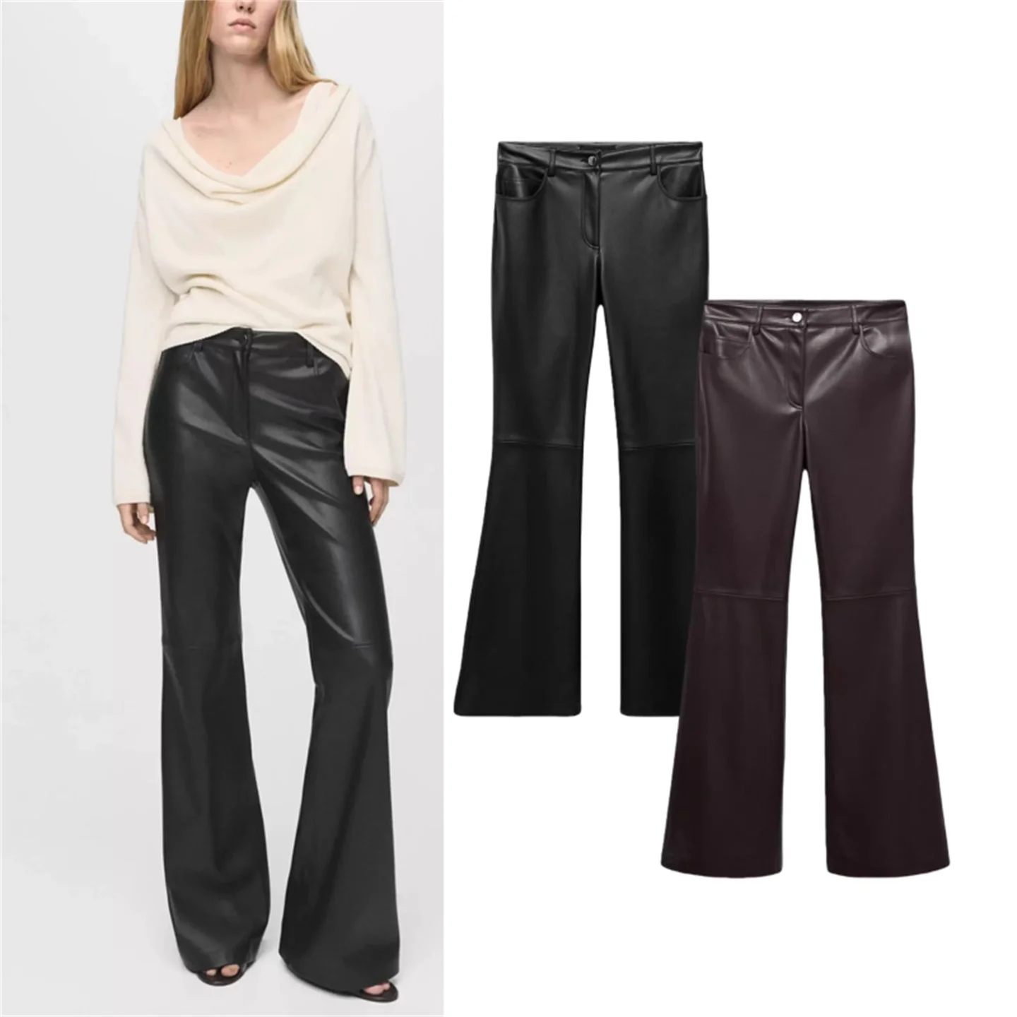 Autumn PU Leather Long Pants Women's Buttoned Slimming High Waist Zipper Straight Leg Casual Trousers Long And Leggy Style