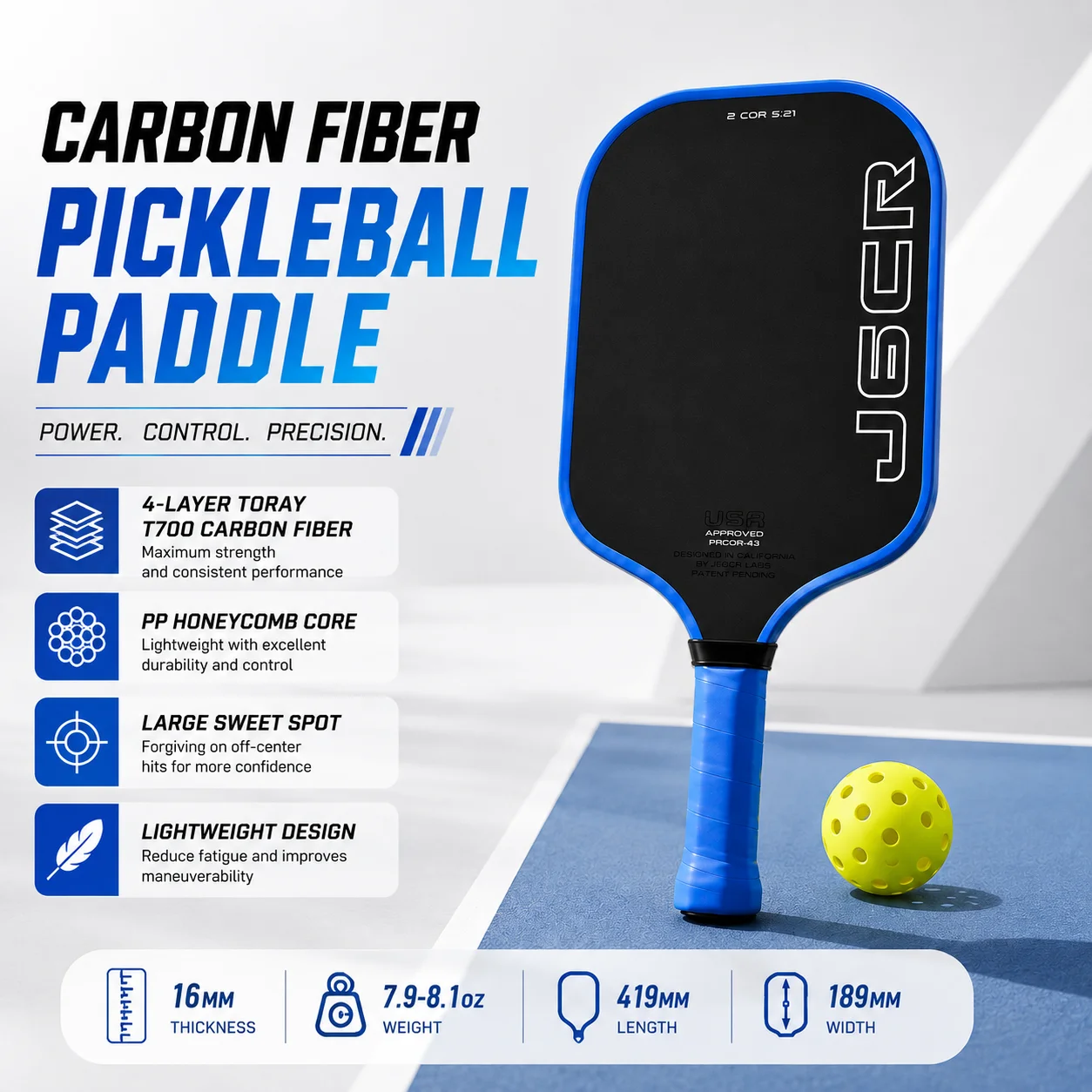 J6CR T700 Carbon Fiber Pickleball Paddle with Carbon Fiber Friction Surface 16mm Polymer Power Core Enhanced Strength Spin And C