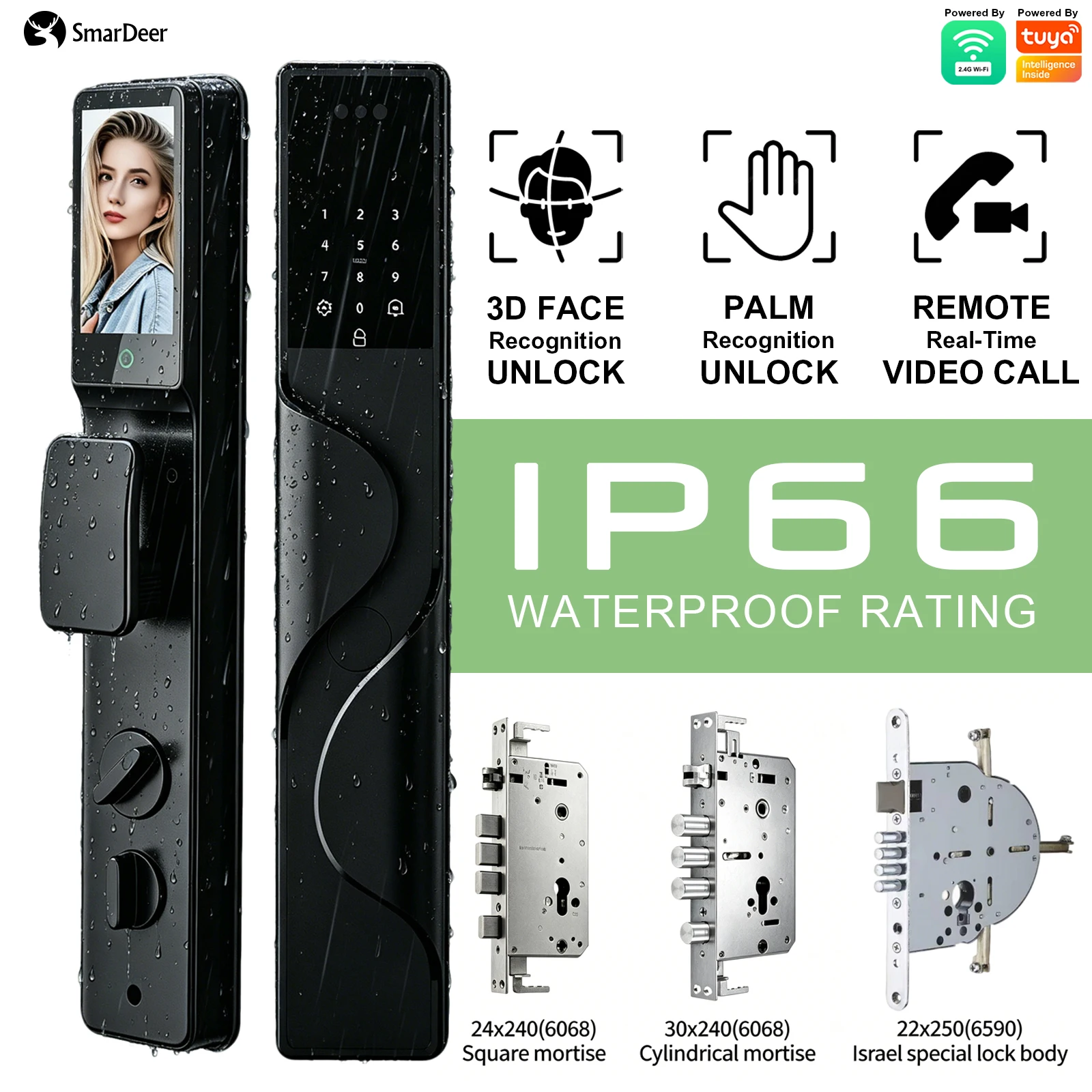 

SmarDeer IP66 Waterproof Smart Lock, 3D Facial & Palm Recognition Fingerprint Door Lock, Video Alarm Door Lock Israel Standard