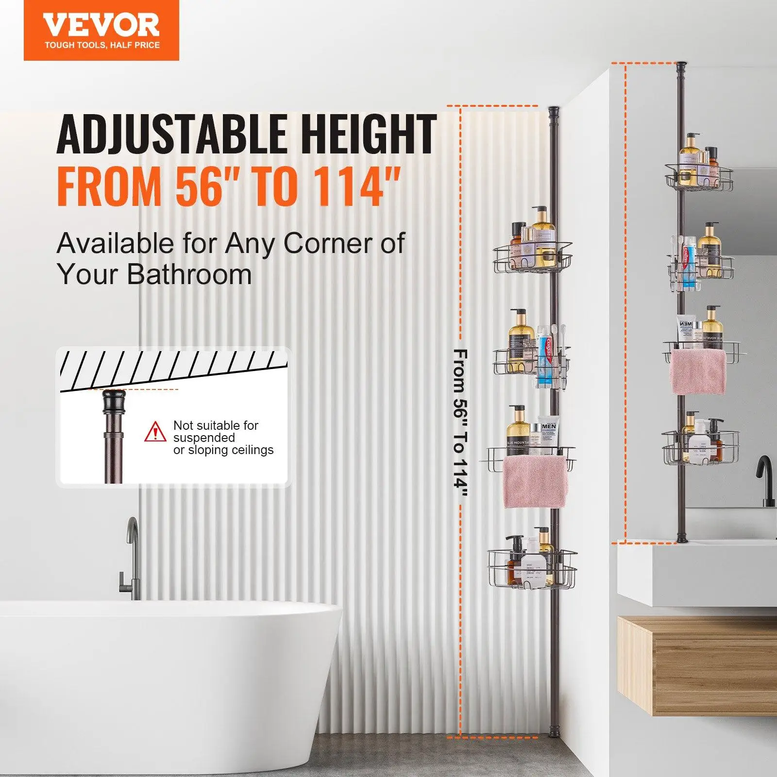 Stainless Steel Shower Corner Caddy Adjustable Tension Pole Bathroom Organizer Rack Rust-Proof Bath Storage Holder 56-114 Inch Height Easy Install Shower Shelf with Toothbrush Organizer Space Saving Accessories