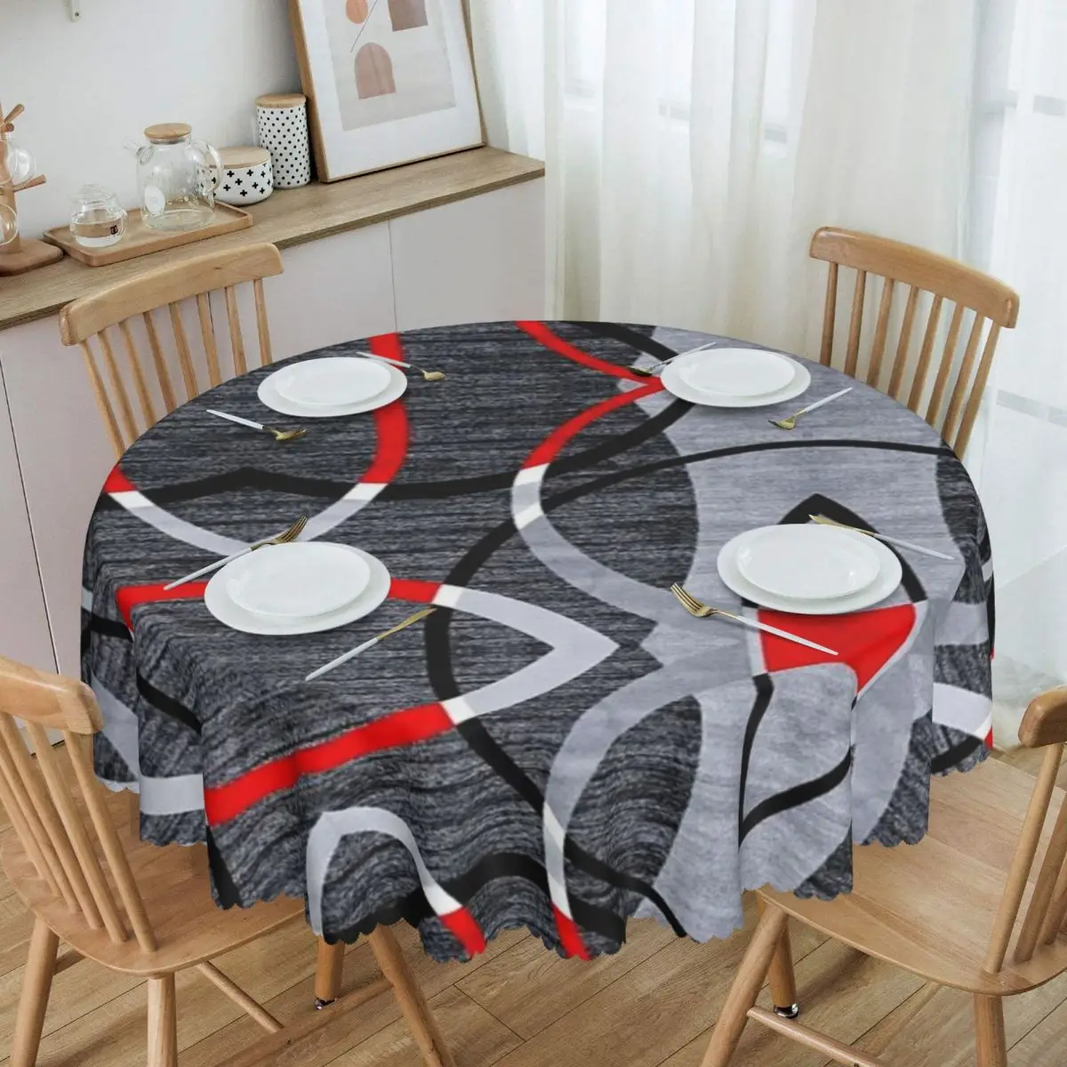 

Round Oilproof Modern Abstract Gray Red Swirls Table Cover Geometric Pattern Tablecloth for Dining 60 inches Table Cloth