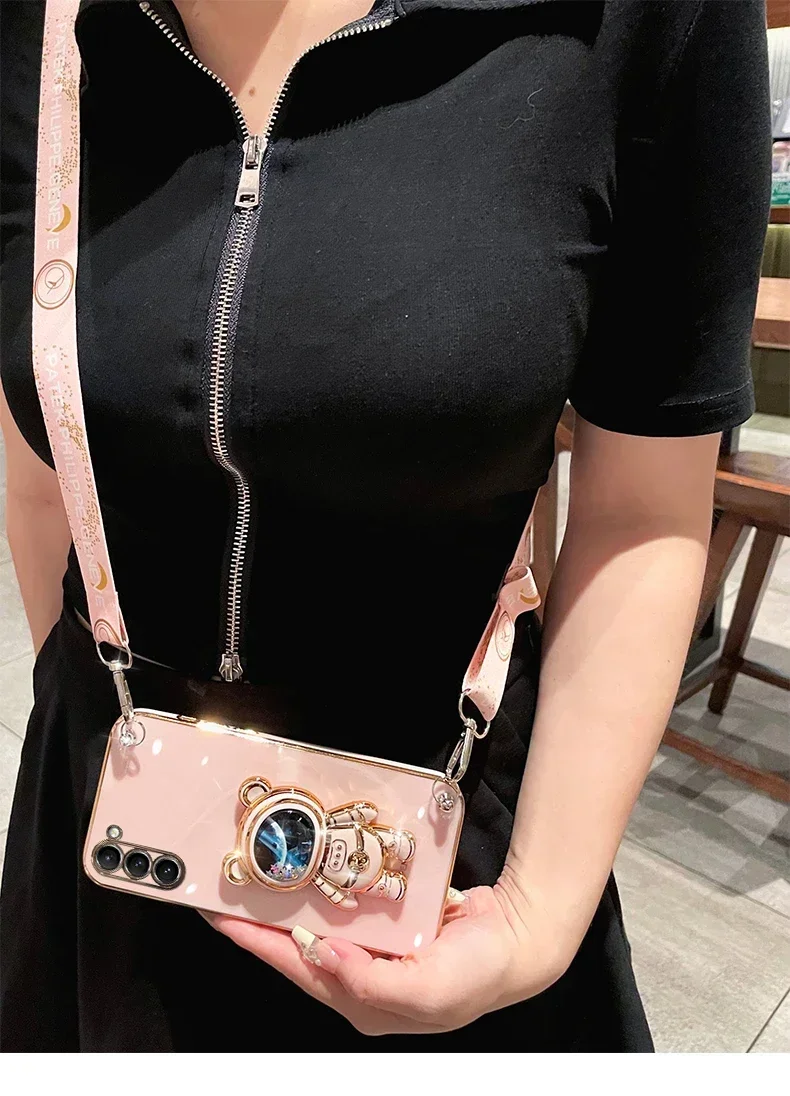Crossbody Lanyard Quicksand Space Bear Plating Case for Samsung Galaxy A16 A06 A26 A36 A56 5G Silicone Cover