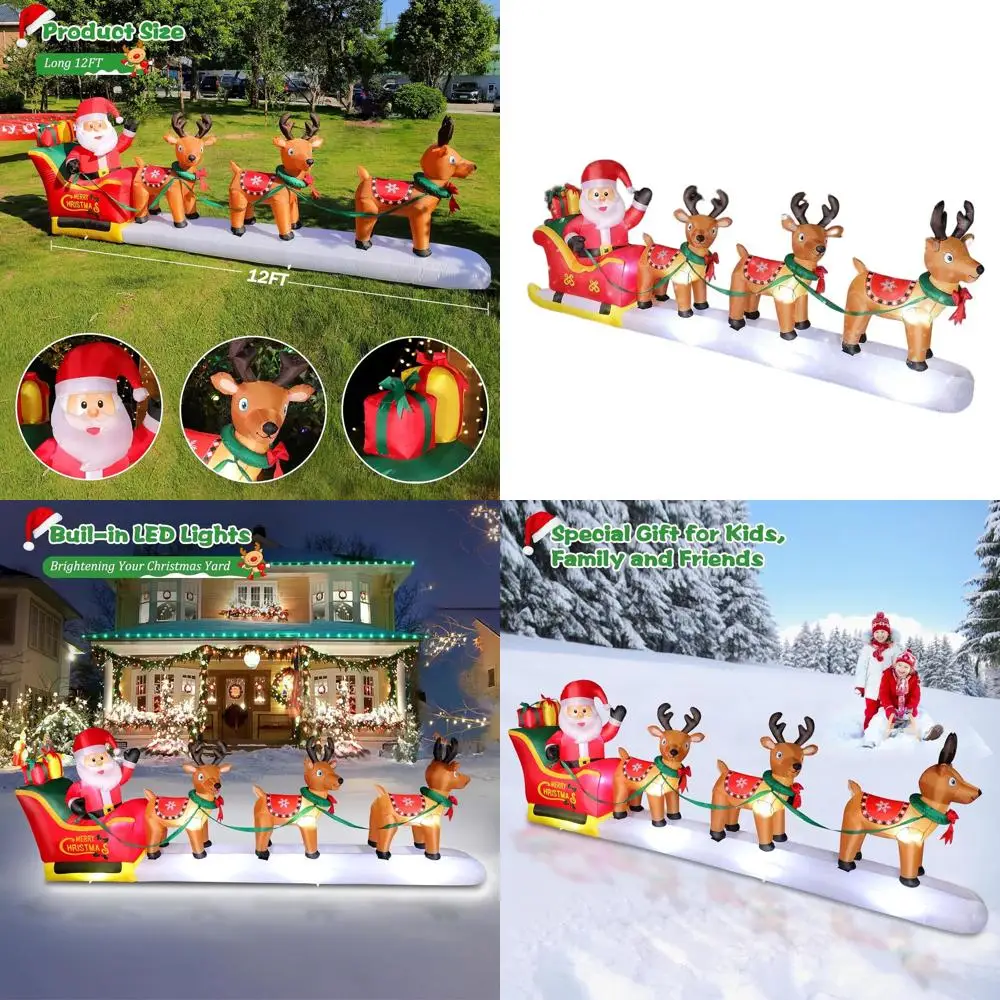 

12-футовое надувное рождественское украшение для улицы с Санта-Клаусом и оленем со светодиодными фонарями