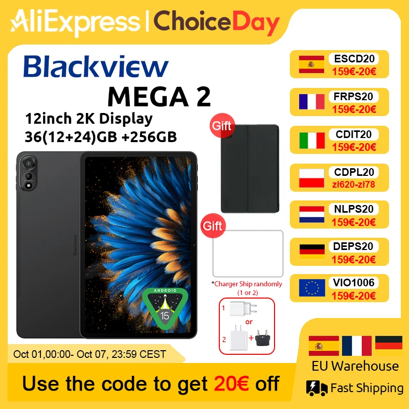 Blackview Mega 2 Android 15 Tablet 12 Inch 2K Display 36(12 24) Gb 256Gb Unisoc T615 9000Mah Batterij Widevine L1 Pc