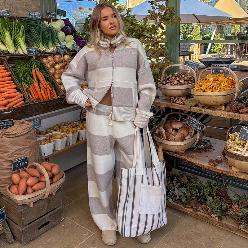 Striped Knitted 2 Piece Set Women Zip Up Loose Fit Cardigan Wide Leg Pants Outfit Autumn Casual loungewear Ladies Matching Set