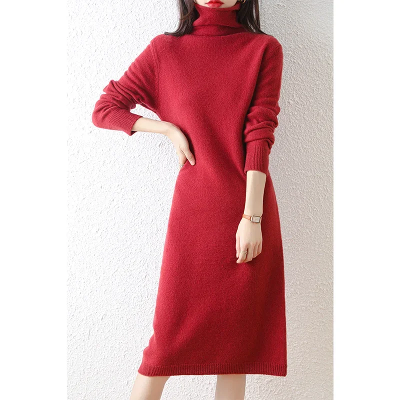 Autumn Winter 100% Wool Thicken Sweater Long Dress Warm Basic Knit Pullover Women Slim Dress Solid Color Casual Dresses