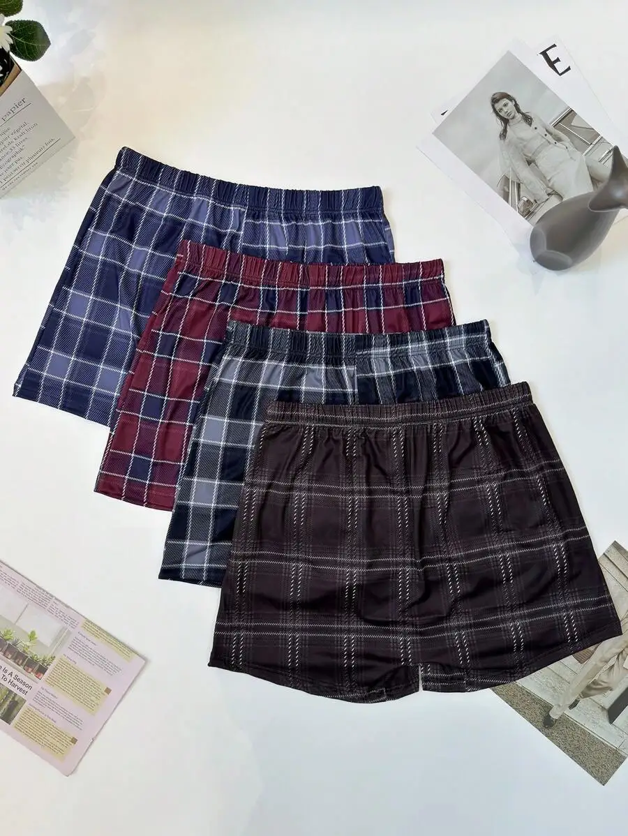 4pcs Mens Plaid Boxer Shorts Elastic Waist Loose Comfortable Casual Underwear