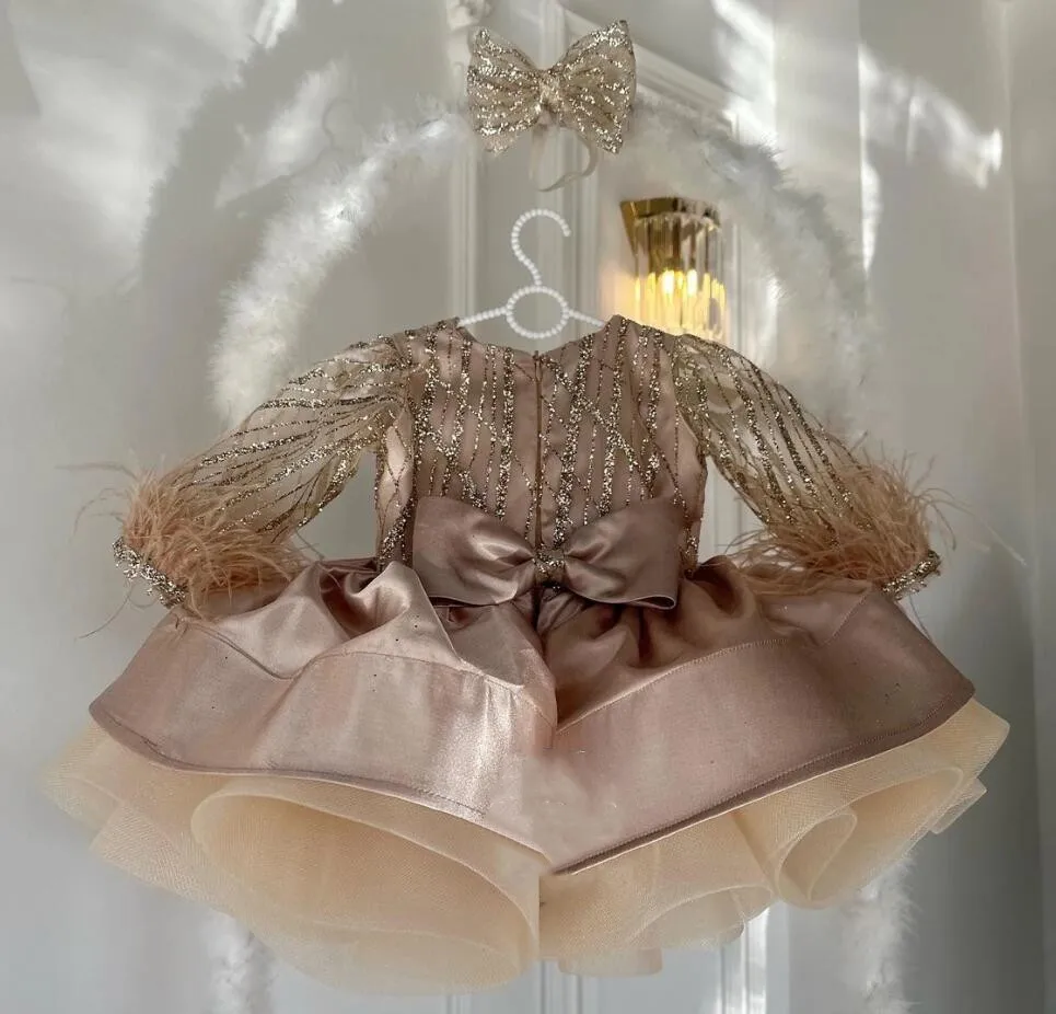 

12M 24M Puffy Baby Girl Dress Gold Satin Kids Tutu Outfit Princess Costume Infant Girls First Birthday Dress with Headbow