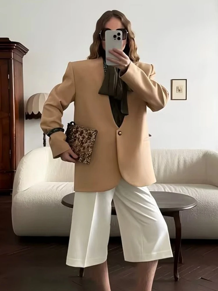 أنيقة العميق الخامس الرقبة زر واحد بليزرات للنساء 2026 شيك كم طويل بدلة فضفاضة مكتب سيدة سترة القمم ملابس خارجية الإناث #2