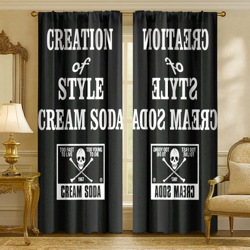 Black Vintage Typography Curtain, Retro Slogan Print Drape, Skull Graphic Window Treatment for Living Room Bedroom Home Decor