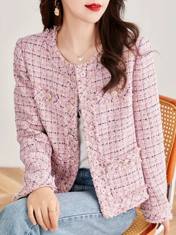 Elegant Pink Tweed Vintage O-neck Jackets Korean Fashion Single Breasted Loose Coats Tops Casual Long Sleeve Classic Abrigos New