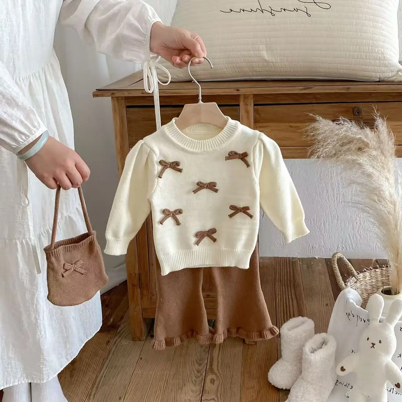 

Children's Jumper Set 2025 New Autumn Winter Girl Baby Knitted Sweater Trousers Gas Mushroom House Cardigan Two-piece Trousers