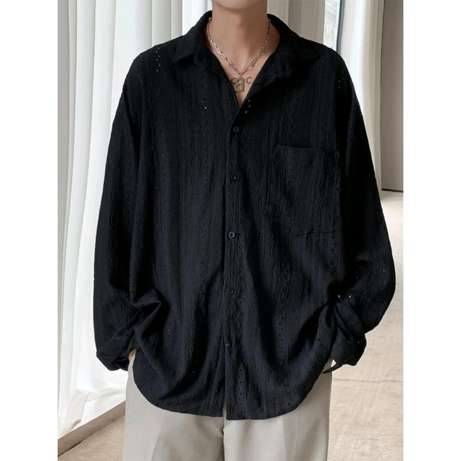 New Fashion Men's Apricot Black Solid Color Long Sleeve Cuban Collar Single-breasted Loose Hollowed Out Shirts Male Clothes Tops