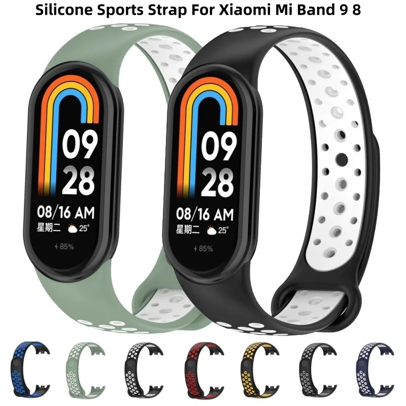 Силиконовый спортивный ремешок для смарт-часов Xiaomi Mi Band 8 9, дышащий браслет для Mi Band 8 9, Сменные аксессуары для браслета