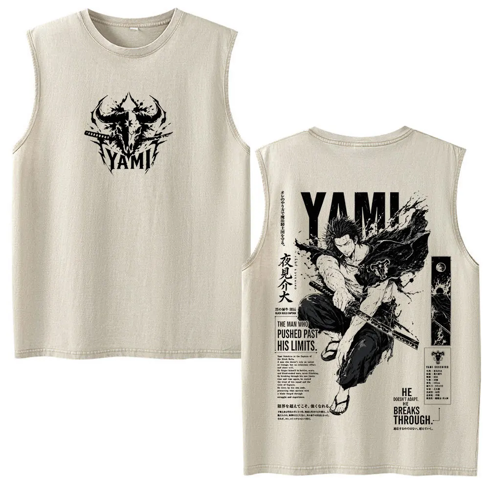 Anime Black Clover Yami Sukehiro Vintage Washed Tank Tops T Shirt Men Women Clothing Cotton Sleeveless Vest T-shirts Streetwear