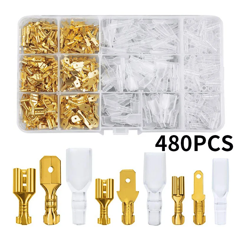 480Pcs Plug Spring Terminal Set Cold Pressed Wiring Terminal Male Female Butt Joint Plug Spring Bare Terminal Box