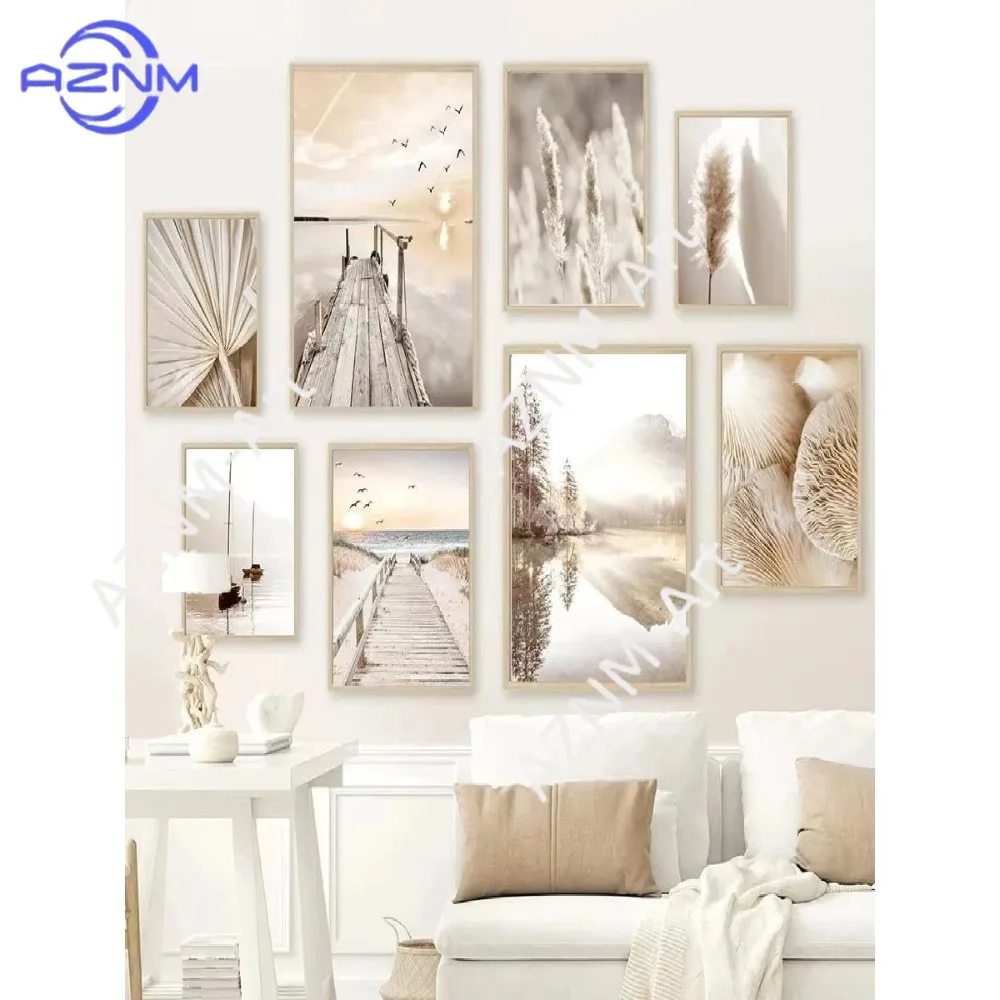 1pc Bohemian Beige Grass Flower Reed Poster Lake Beach Boat Landscape Mural Oil Painting Wall Art for Living Room Home Decor