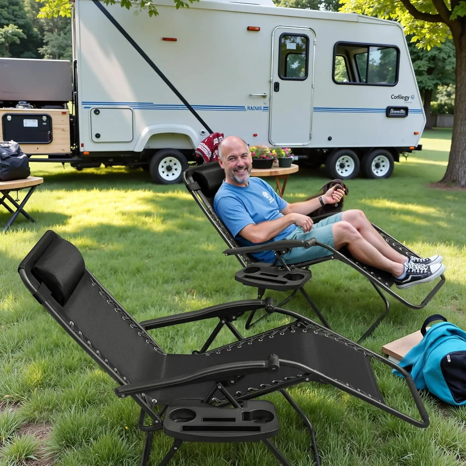 Складное кресло с невесомостью, регулируемое кресло с подстаканником и подносом - кресло для отдыха со стальной сеткой для кемпинга, патио, заднего двора