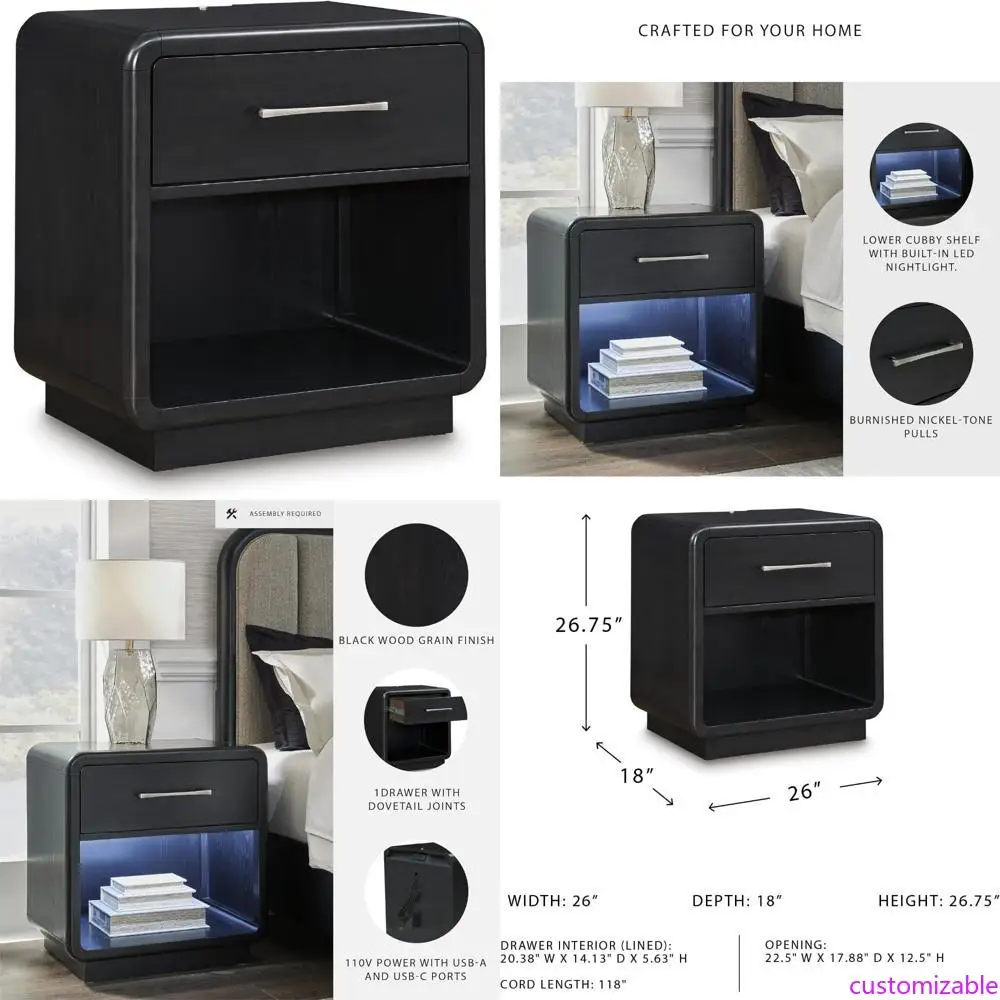 

Ashley Rowanbeck Signature Modern Nightstand with Felt-Lined Drawer, Lower Shelf, LED Lighting, Power Outlet, and USB Port