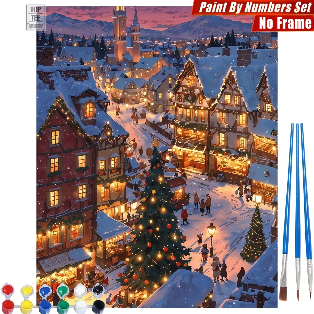 

Snow-covered European town DIY Digital Oil Painting Set - Festive lights church Creative Family Fun Birthday Gift For Grandma