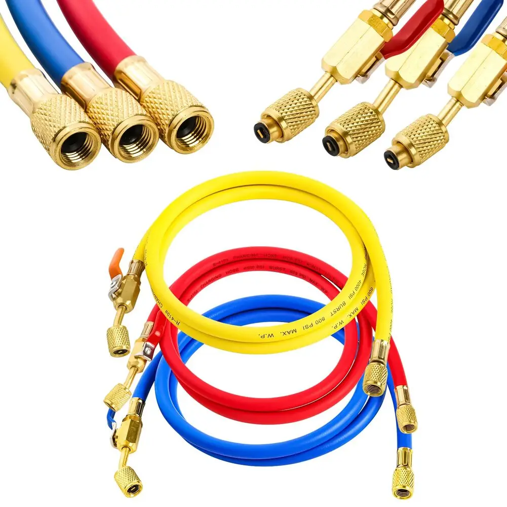 Three-color Hose 1.5-1.8m HVAC Hose With Compact Ball Valve For R410A, R134A, R407C For Air Conditioning/refrigeration Systems