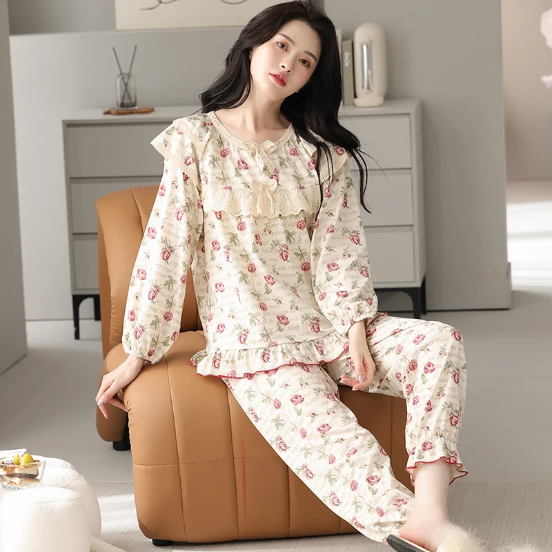 Floral Pajamas For Young Girls Spring Modal Sleepwear Princess Lace O-Neck Long Sleeve Pyjamas Female Autumn Home Suit XXXXL