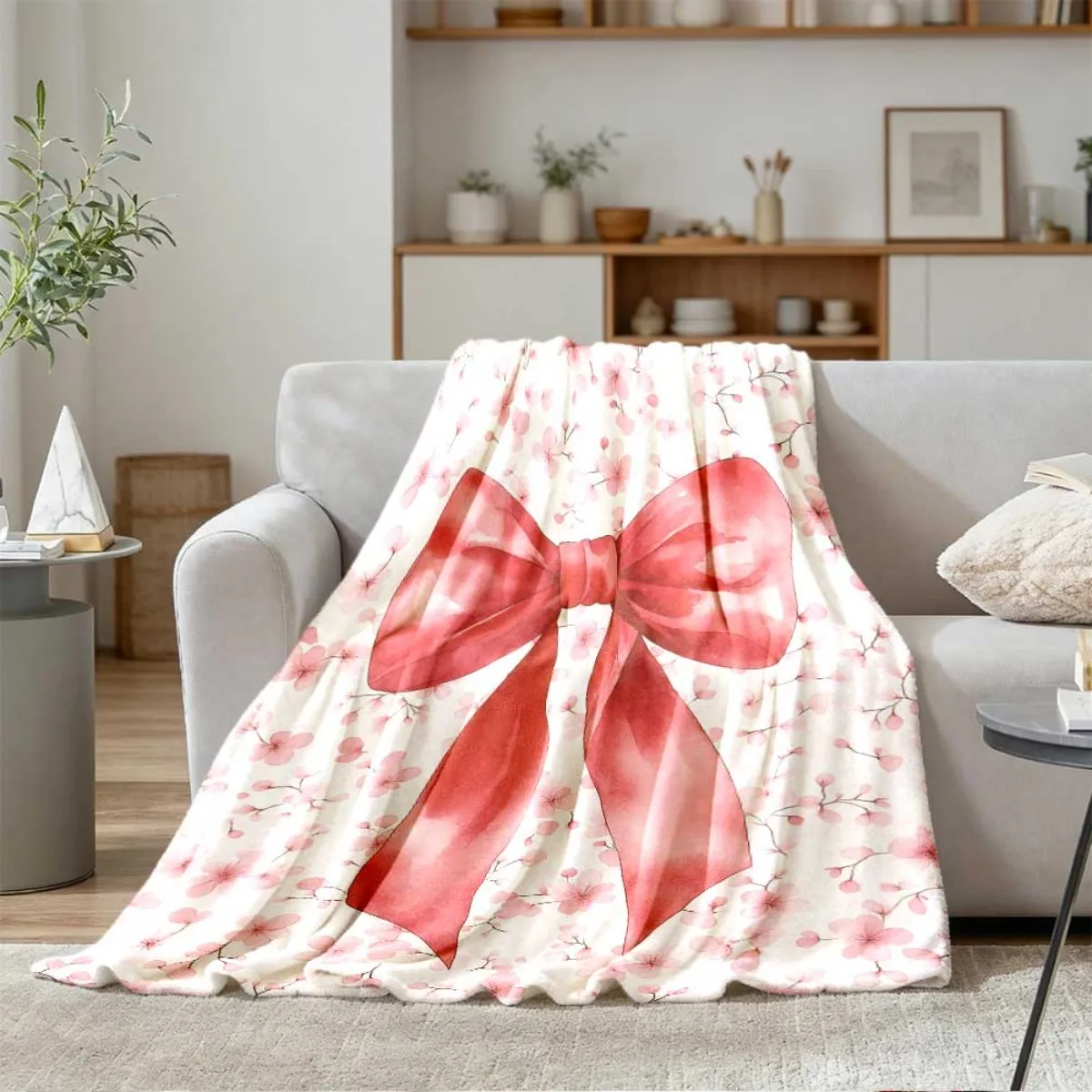 Elegant Pink Bow Cherry Blossom Throw Blanket, Watercolor Sakura Big Bow Art Print Cozy Flannel Blanket Bedroom Sofa Home Decor