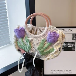 Bohemian Rose Crochet Handbags Half Moon Knitted Shoulder Bag Handmade Rope Woven Crossbody Bags for Women Round Handle Clutch