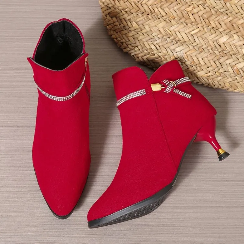 Damen High Heels Schuhe Elegante Wildleder Spitzpumps Stilettos Elegante Kurze Stiefel Mode Luxus Kristall für Frauen Herbst – Detail 2