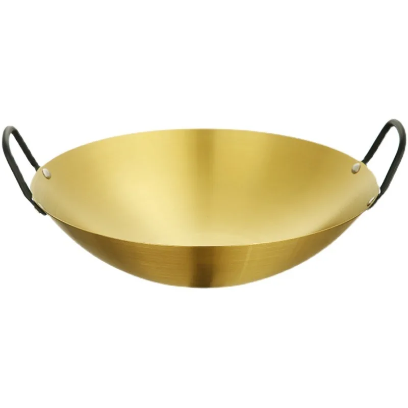 Golden Stainless Steel Double Handle Small Wok, Commercial Dry Pot for Hot Pot & Cooking