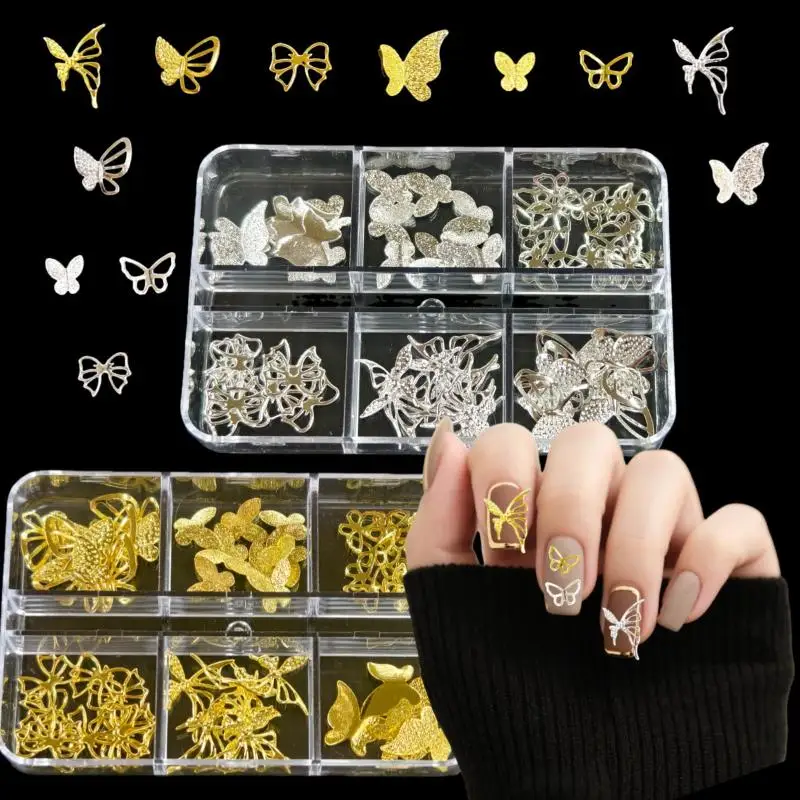 6 rejillas 3D Metal estrellas Bowknot mariposa Nail Art Charms oro/plata Starlight remaches decoraciones para uñas accesorios de lentejuelas para manicura