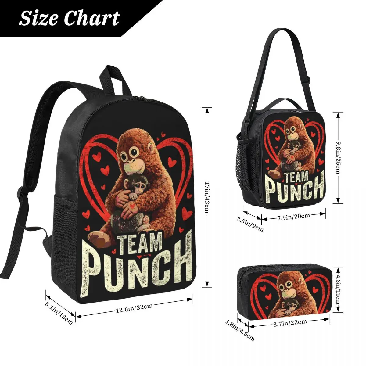 3Pcs Monkey Punch Baby Monkey Holding Toy Theme Backpack Set for Girls Boys Pen Bags Bookbag Sets with Lunch Box
