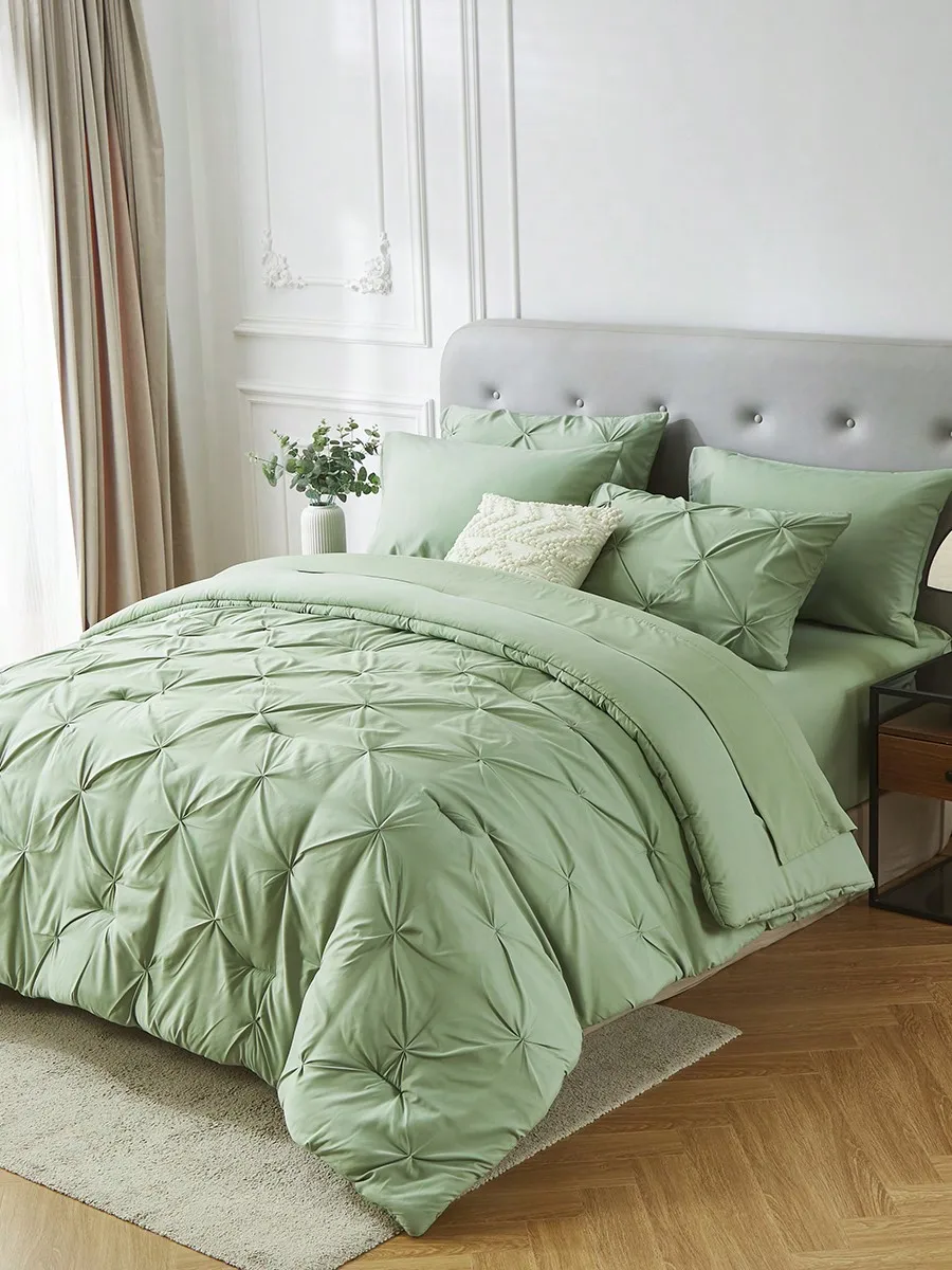 5Pcs/7-Pcs Queen Pinched Pleat Bed Comforter Sets Queen - Luxurious, Soft, Breathable, And Cooling Summer Bedding For All Seasons With Sheets, Pinched Pleat Design, And Bed-In-A-Bag - Easy Care, Machine Washable, And Durable, Ideal Gift