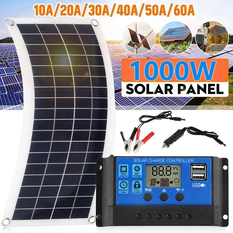 1000W Solar Panel Kit 12V USB charging Solar Cell Board Controller Portable Waterproof Solar Cells for Phone RV Car MP3 PAD