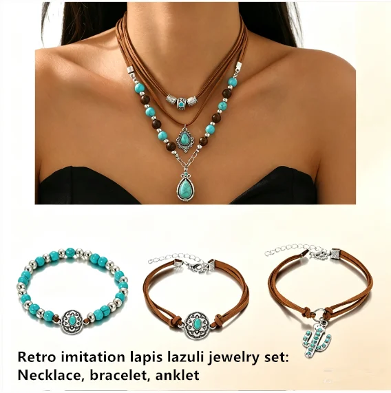 4pcs Women Bohemian Turquoise Jewelry Set Multi‑layer Pendant Necklace Cactus Charm Bracelet Retro Ethnic Cowgirl Party Jewelry