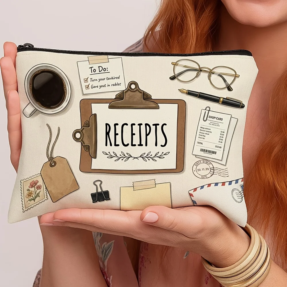 Receipts Zipper Pouch Hand Drawn Office Stationery Print Receipt Organizer Cosmetic Travel Pouch Gift For Office Worker