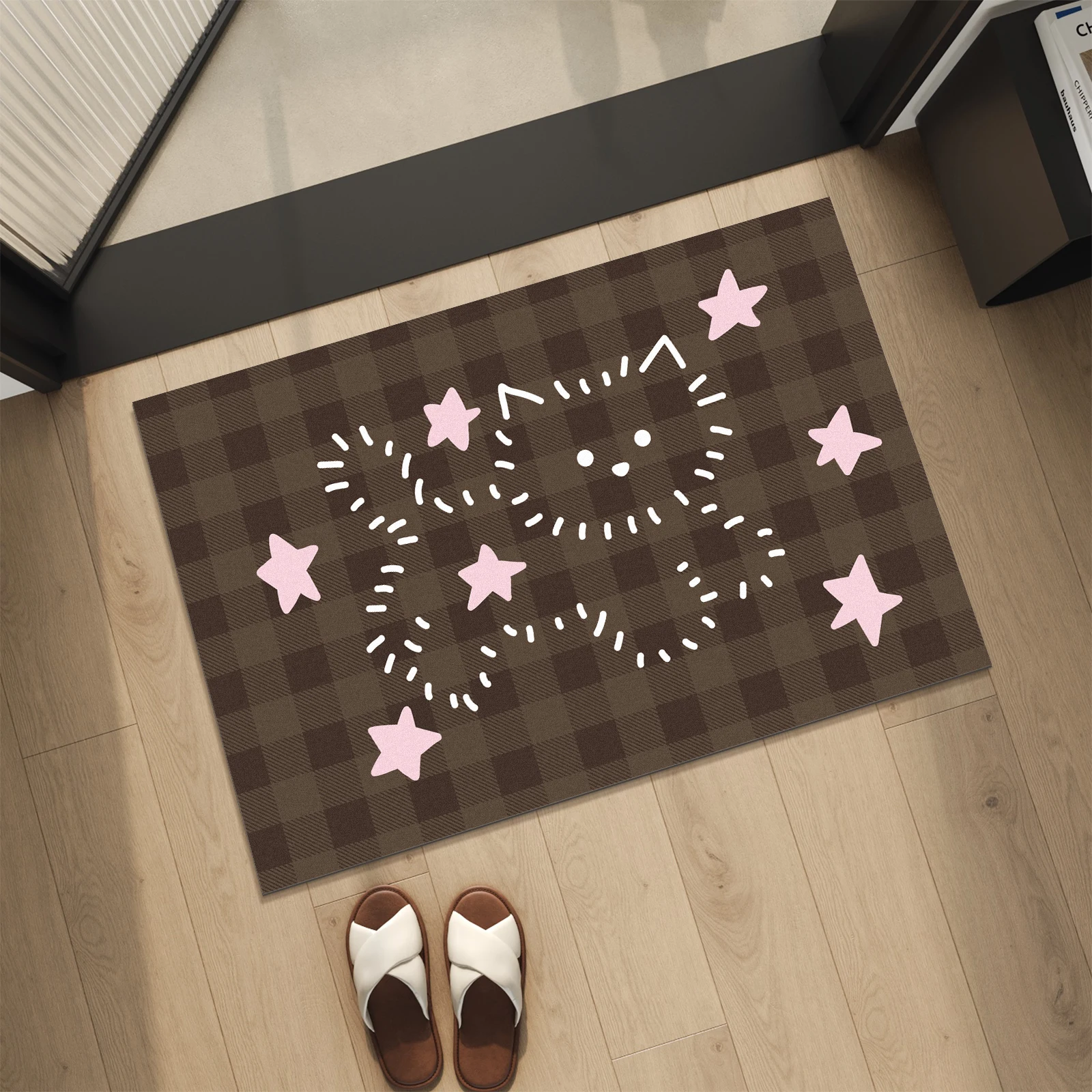 Rubber Material Super Anti-Slip Bathroom Mat, Quick-Absorbing and Quick-Drying Floor Mat, Pink and Brown Cat Star Print Doormat