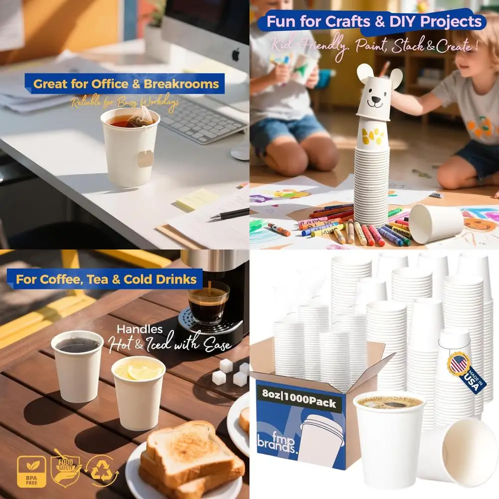 

8 oz Disposable Paper Cups, 1000 Pack, Premium White for Hot/Cold Drinks, Ideal for Parties, Offices, and Events