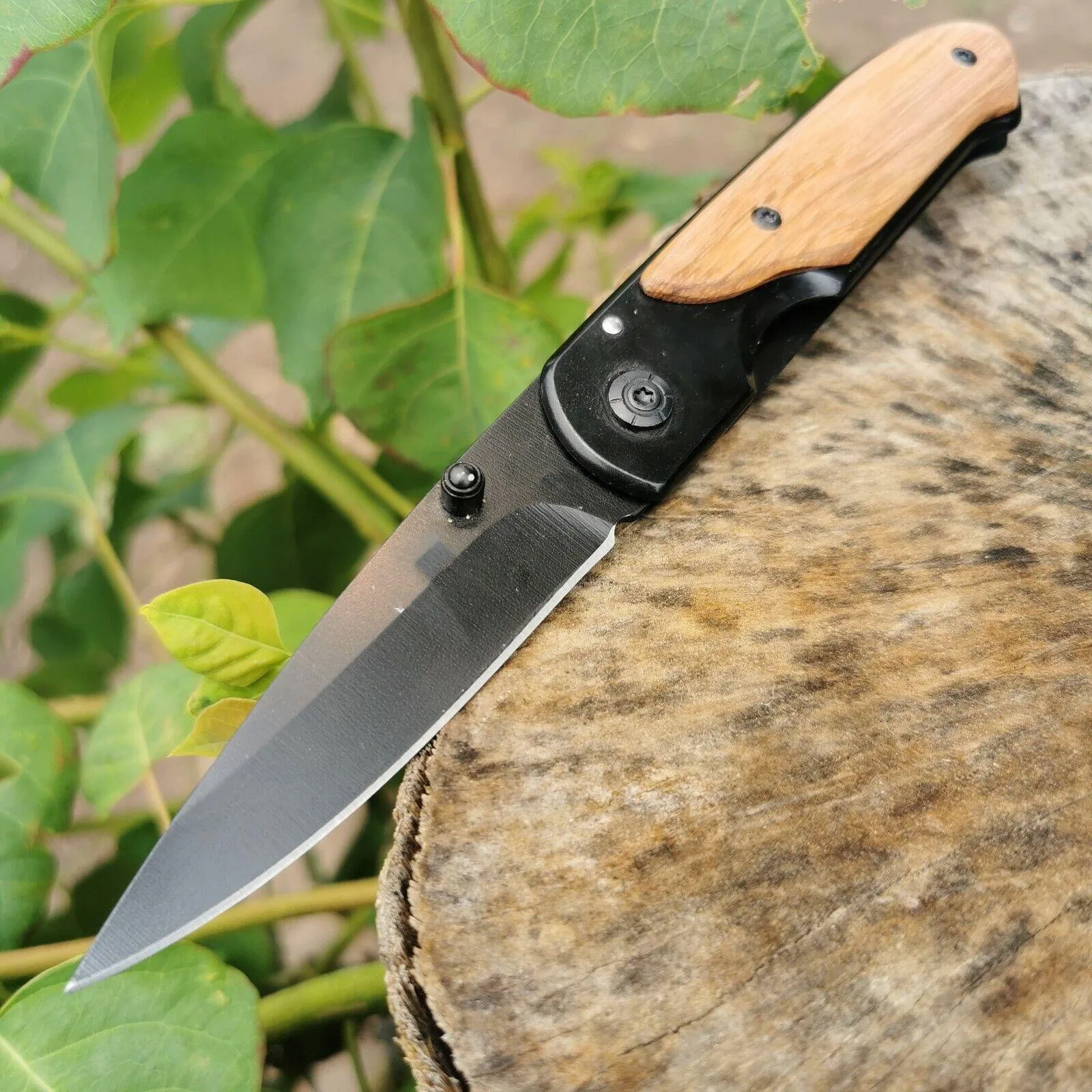 Outdoor Utility Tactical BM Da44 Pocket Folding Knife Wood Handle Titanium Finish Blade EDC Self Defense Knives with Clip