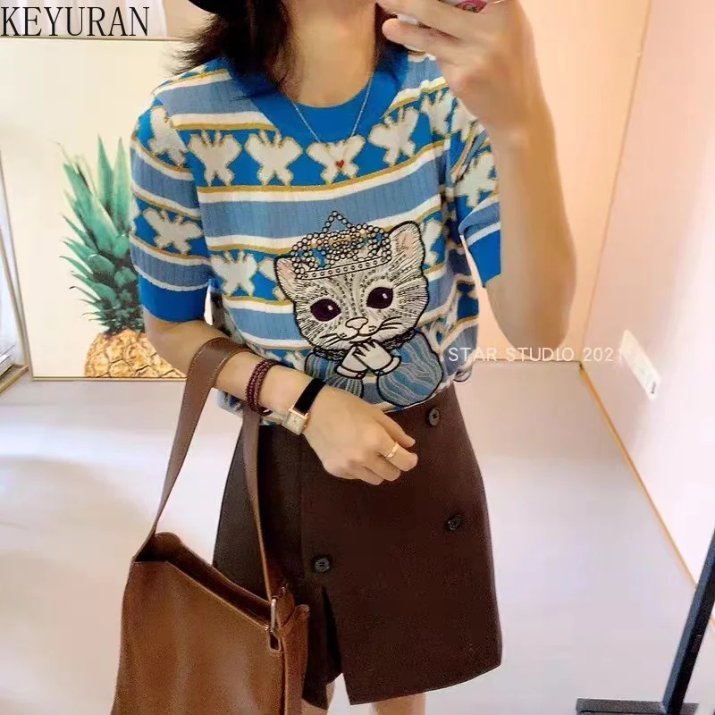 Embroidery Cat Sequins Striped Butterfly Knitted T-Shirts Women 2024 Summer Short-sleeved O-neck Hollow Out Thin Sweater Blue