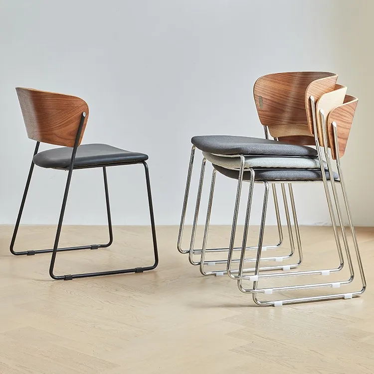 #Nordic Backrest Dining Chair Home Furniture Modern Stacking Stool Casual Small Apartment Coffee Shop Restaurant Wood Leather