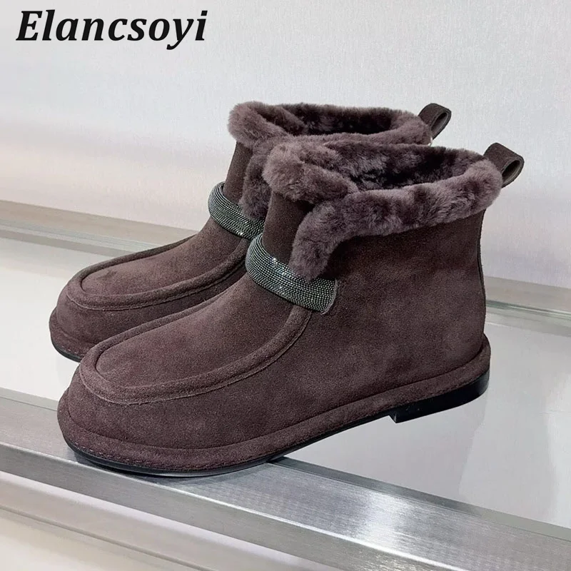 Schneestiefel Damen Wildleder Runde Zehen String Bead Flache Sohle Kurze Stiefel Winter Dicker Boden Echtwollfutter Warme Knöchel Botas 2025